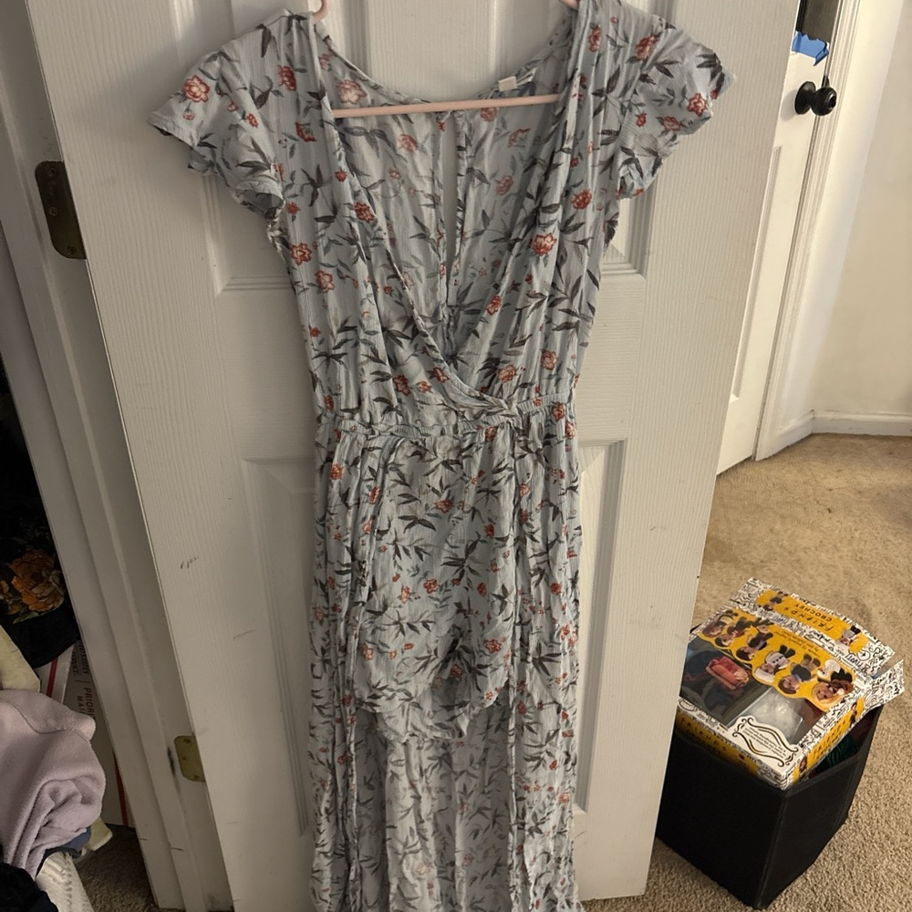 American Eagle Outfitters Light Blue Floral Maxi Dress with Pink Accents